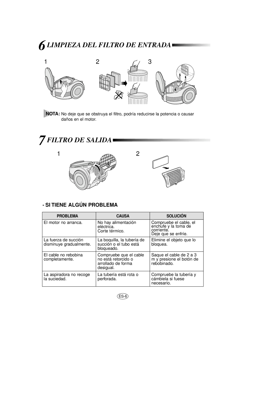 Samsung VCC7053H1S/XAP manual Limpieza DEL Filtro DE Entrada, Filtro DE Salida 