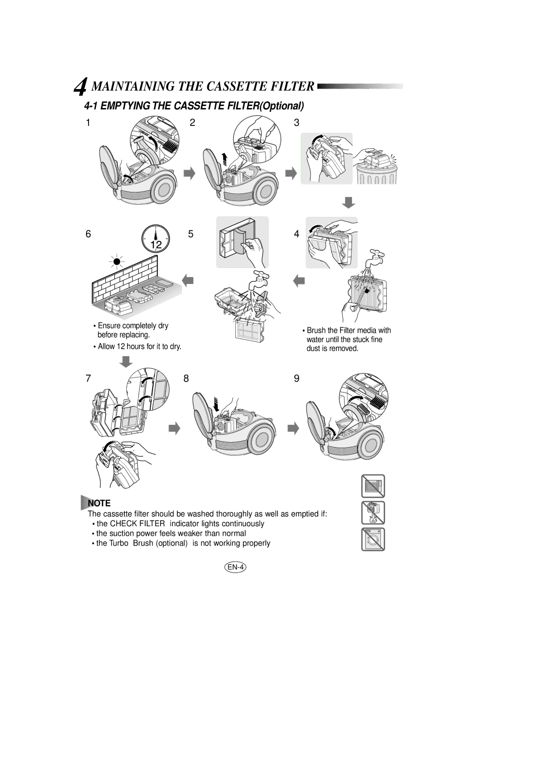 Samsung VCC7053H1S/XAP manual Maintaining the Cassette Filter, Emptying the Cassette FILTEROptional 