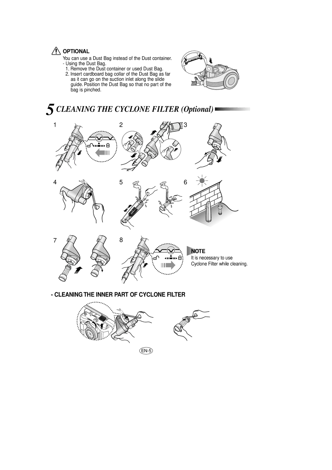 Samsung VCC7063H3S/SBW, VCC7060H3B/ERP, VCC7060H3B/SBW, VCC7060H3Z/XEV manual Cleaning the Inner Part of Cyclone Filter 