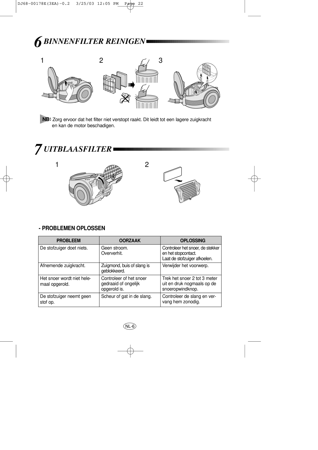 Samsung VCC7060H3S/XEG, VCC7060H3S/XEP, VCC7060H3B/ERP Binnenfilter Reinigen, Uitblaasfilter, Probleem Oorzaak Oplossing 