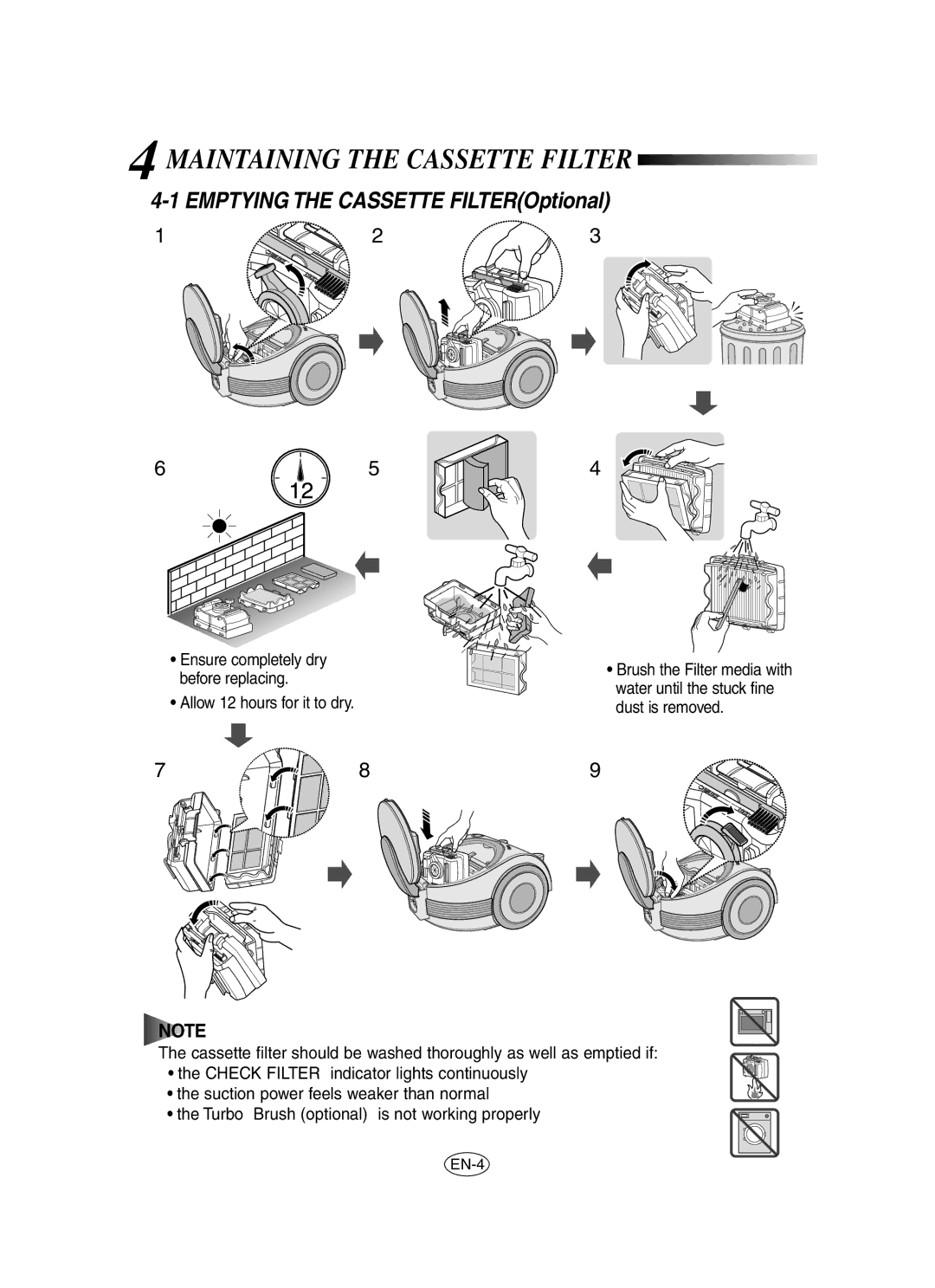 Samsung VCC7060H3B/SBW, VCC7060H3S/XEP, VCC7060H3S/XEG, VCC7060H3Z/XEV, VCC7060H3B/XEV manual Maintaining the Cassette Filter 