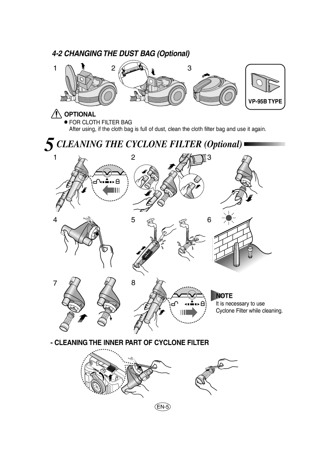 Samsung VCC7060H3Z/XEV, VCC7060H3S/XEP, VCC7060H3S/XEG, VCC7060H3B/SBW, VCC7060H3B/XEV Cleaning the Cyclone Filter Optional 