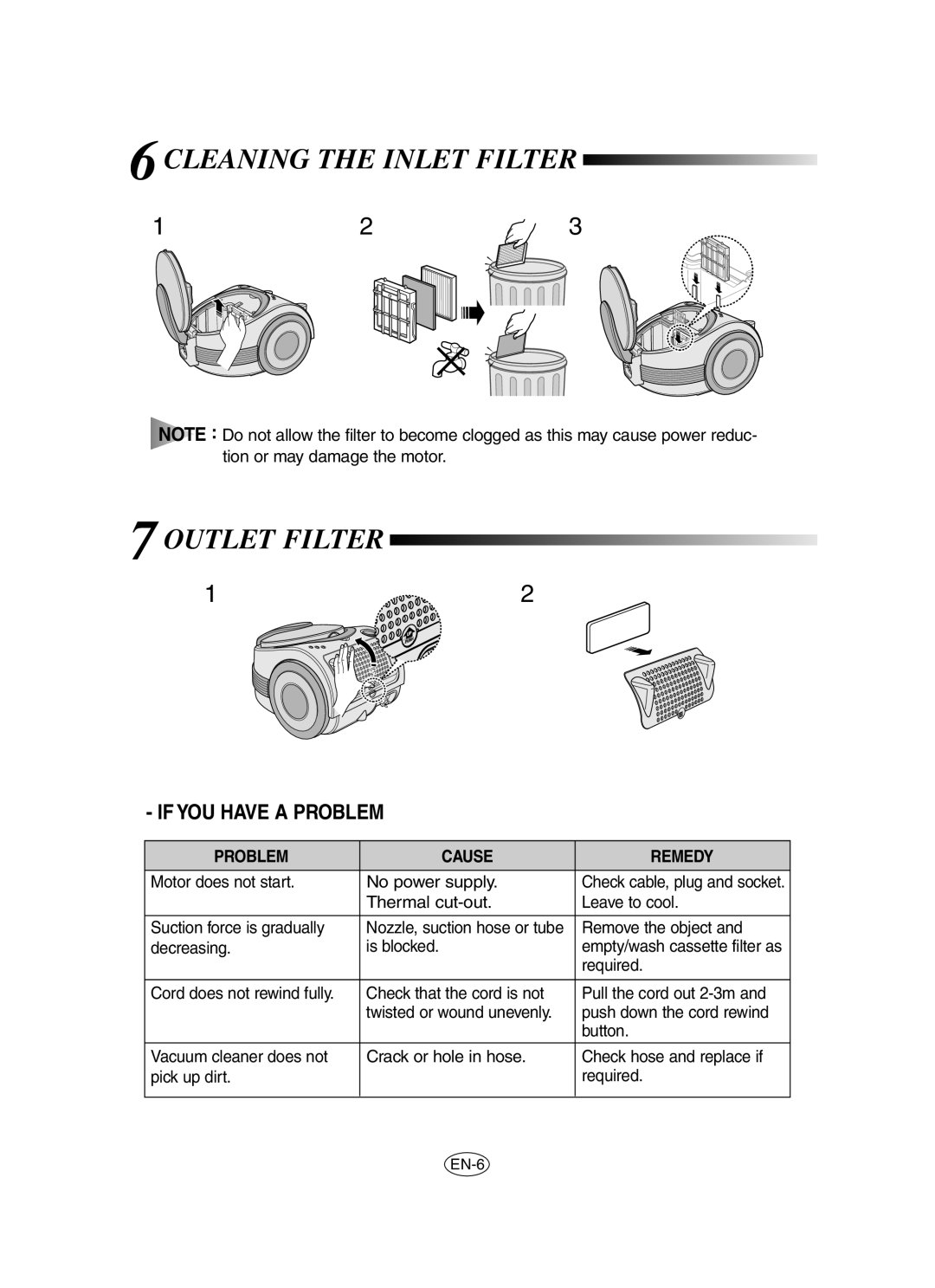 Samsung VCC7060H3B/XEV, VCC7060H3S/XEP, VCC7060H3S/XEG, VCC7060H3B/SBW manual Cleaning the Inlet Filter Outlet Filter 