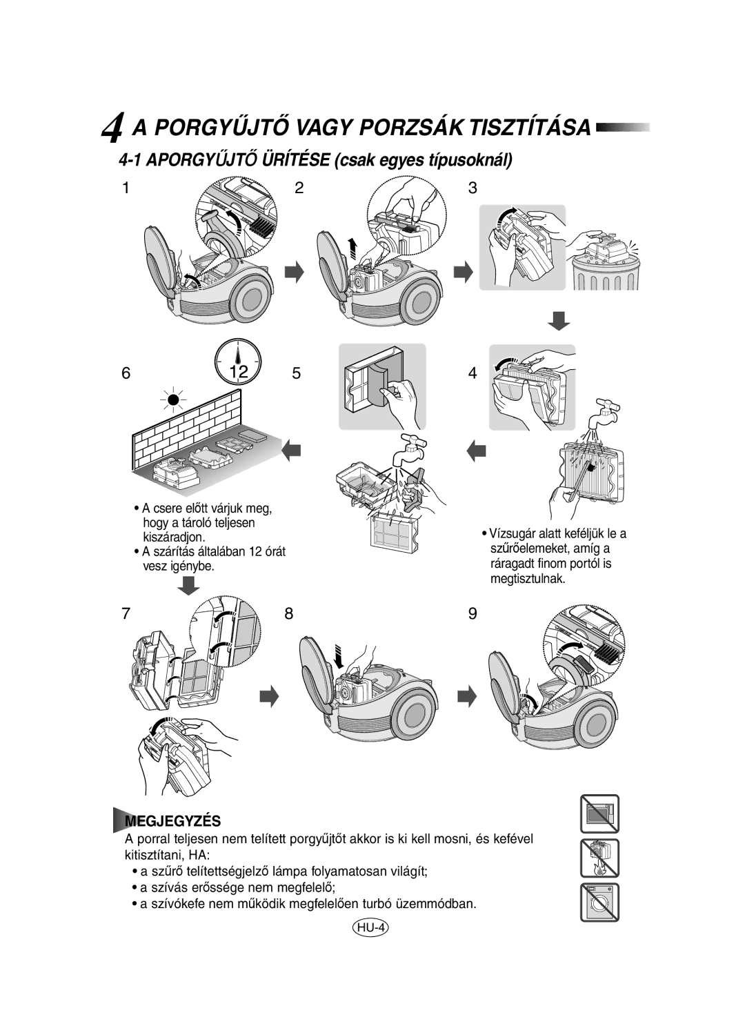 Samsung VCC7060H3S/XEH, VCC7060H3S/XEP manual Porgyùjtã Vagy Porzsák Tisztítása, Aporgyùjtã Ürítése csak egyes típusoknál 