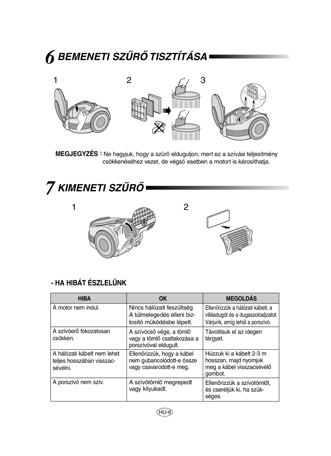 Samsung VCC7060H3S/XEP, VCC7060H3S/XEG, VCC7060H3B/SBW, VCC7060H3Z/XEV manual Bemeneti Szùrã Tisztítása, Kimeneti Szùrã 