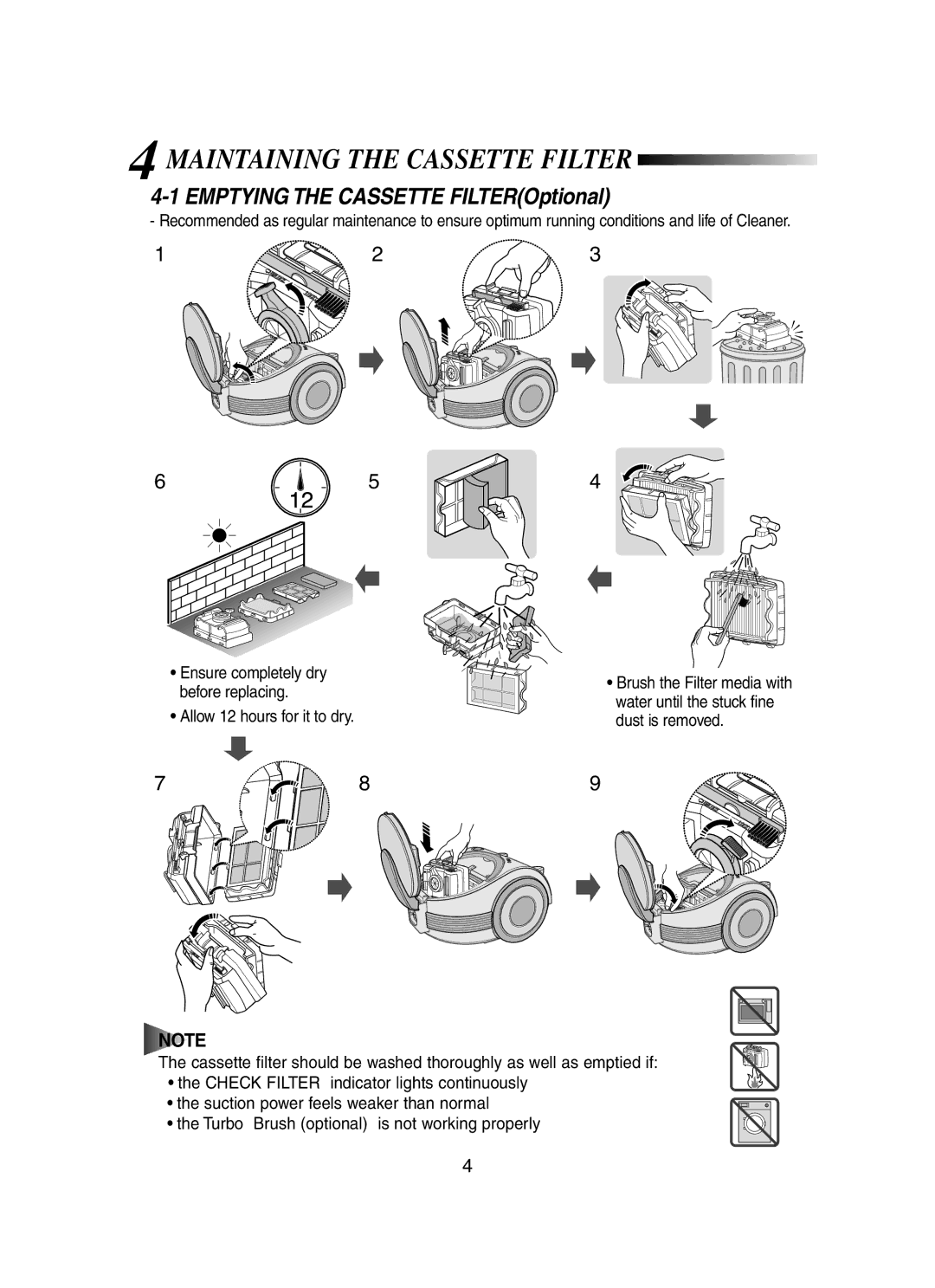 Samsung VCC7060H3B/SBW, VCC7060H3S/XEP manual Maintaining the Cassette Filter, Emptying the Cassette FILTEROptional 