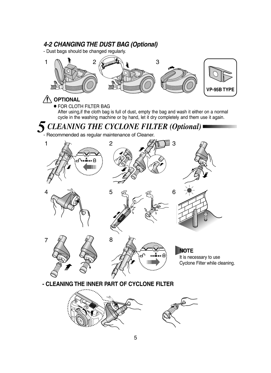 Samsung VCC7060H3Z/XEV, VCC7060H3S/XEP, VCC7060H3S/XEG, VCC7063H4S/ADH manual Changing the Dust BAG Optional, VP-95B Type 