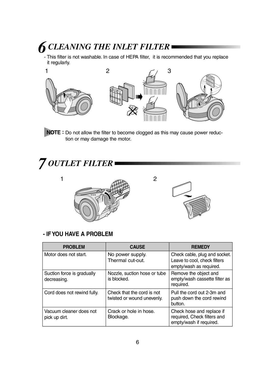 Samsung VCC7060H3S/COM, VCC7060H3S/XEP, VCC7060H3S/XEG manual Cleaning the Inlet Filter, Outlet Filter, Problem Cause Remedy 