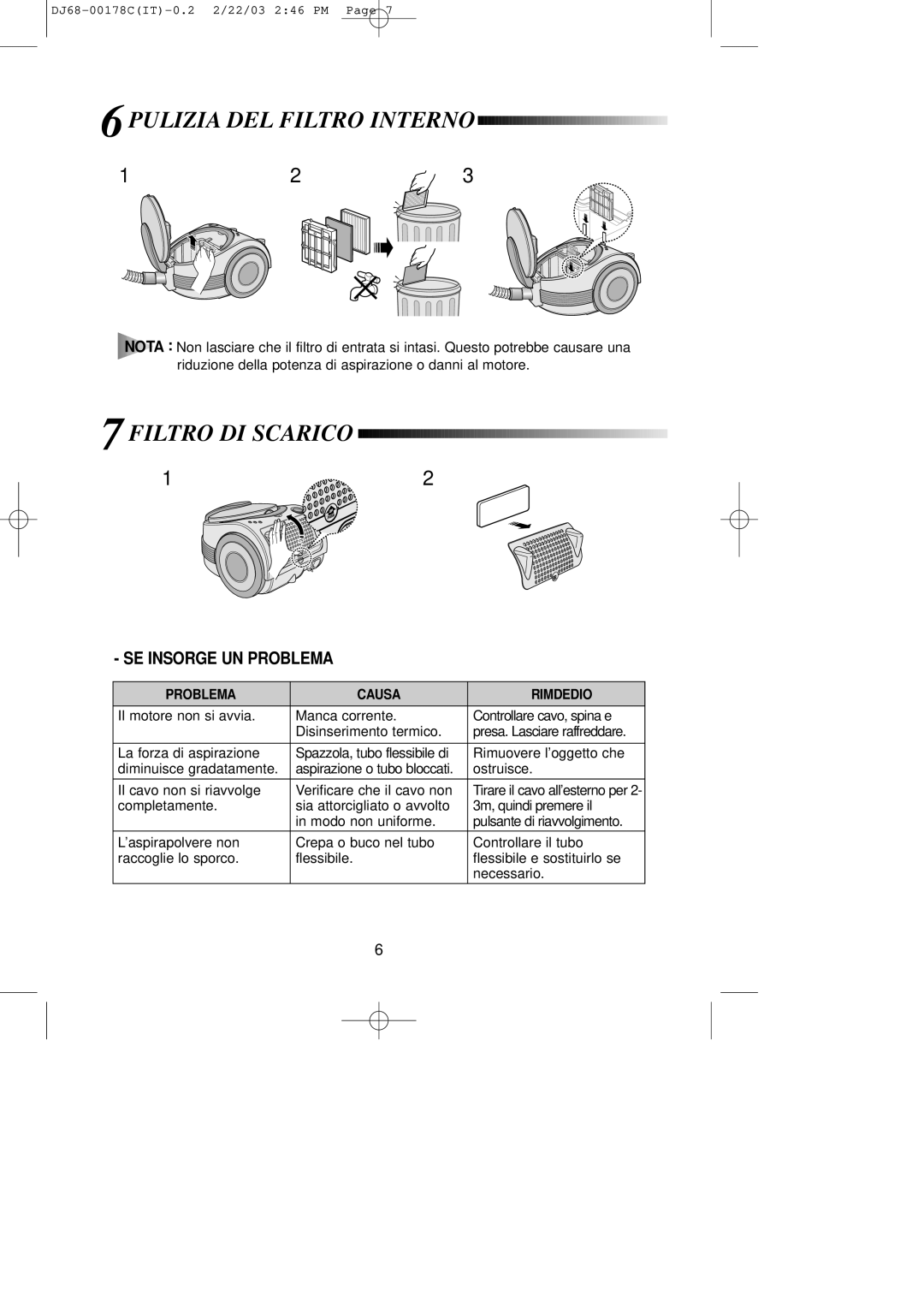 Samsung VCC7070H3Z/XET, VCC7070H3Z/BOL manual Pulizia DEL Filtro Interno, Filtro DI Scarico, Problema Causa Rimdedio 