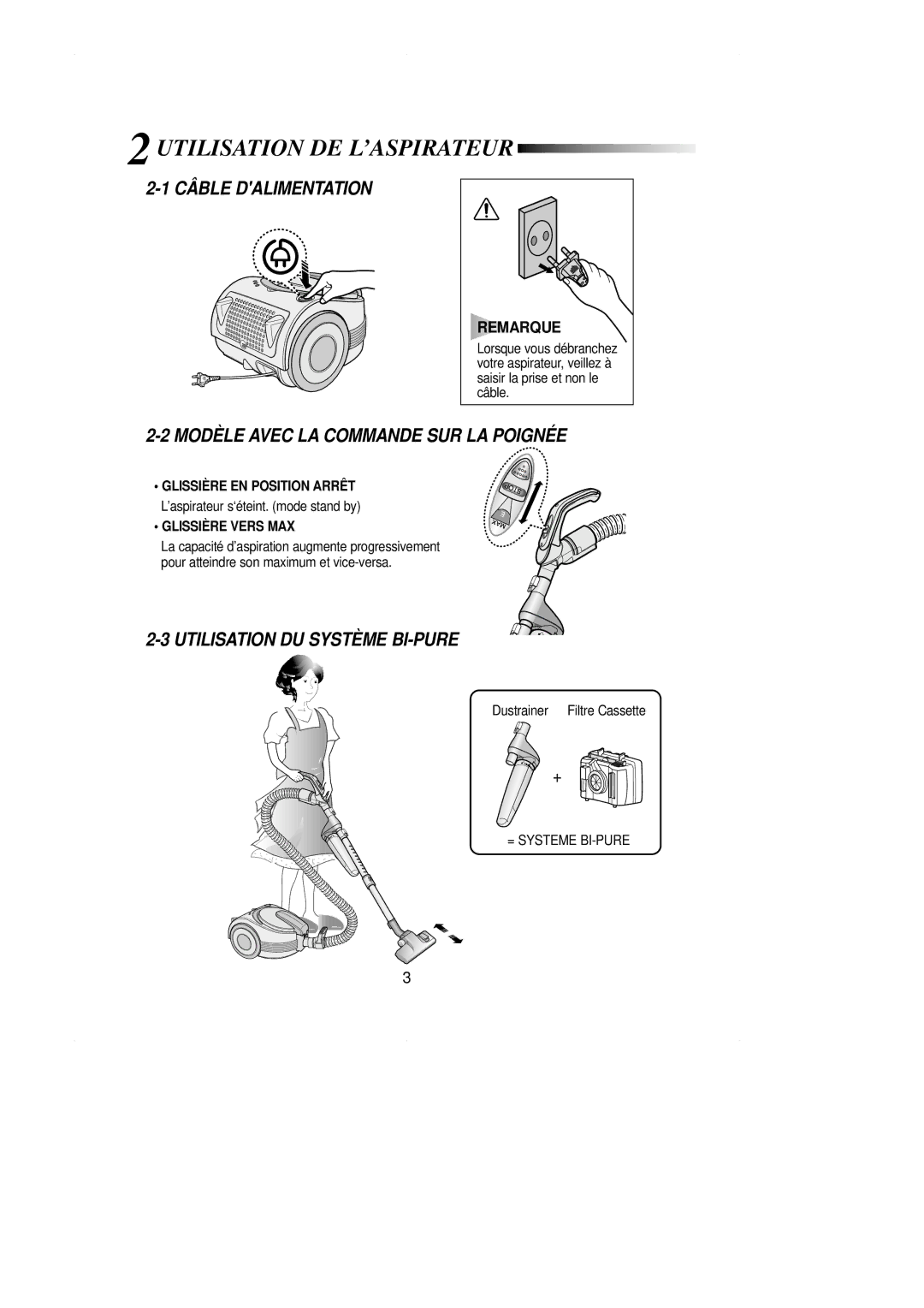 Samsung VCC7060H3B/XEF manual Utilisation DE L’ASPIRATEUR, Câble Dalimentation, Modèle Avec LA Commande SUR LA Poignée 