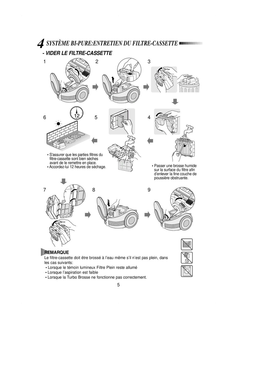 Samsung VCC7060H3S/XEF, VCC7070H3Z/XEF manual Système BI-PUREENTRETIEN DU FILTRE-CASSETTE, Vider LE FILTRE-CASSETTE 