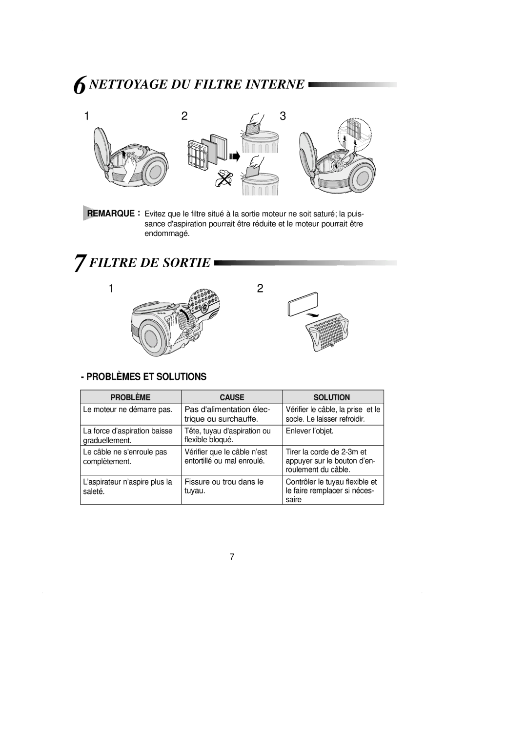 Samsung VCC7061H3S/XEF, VCC7070H3Z/XEF, VCC7060H3S/XEF, VCC7050H3S/XEF manual Nettoyage DU Filtre Interne, Filtre DE Sortie 