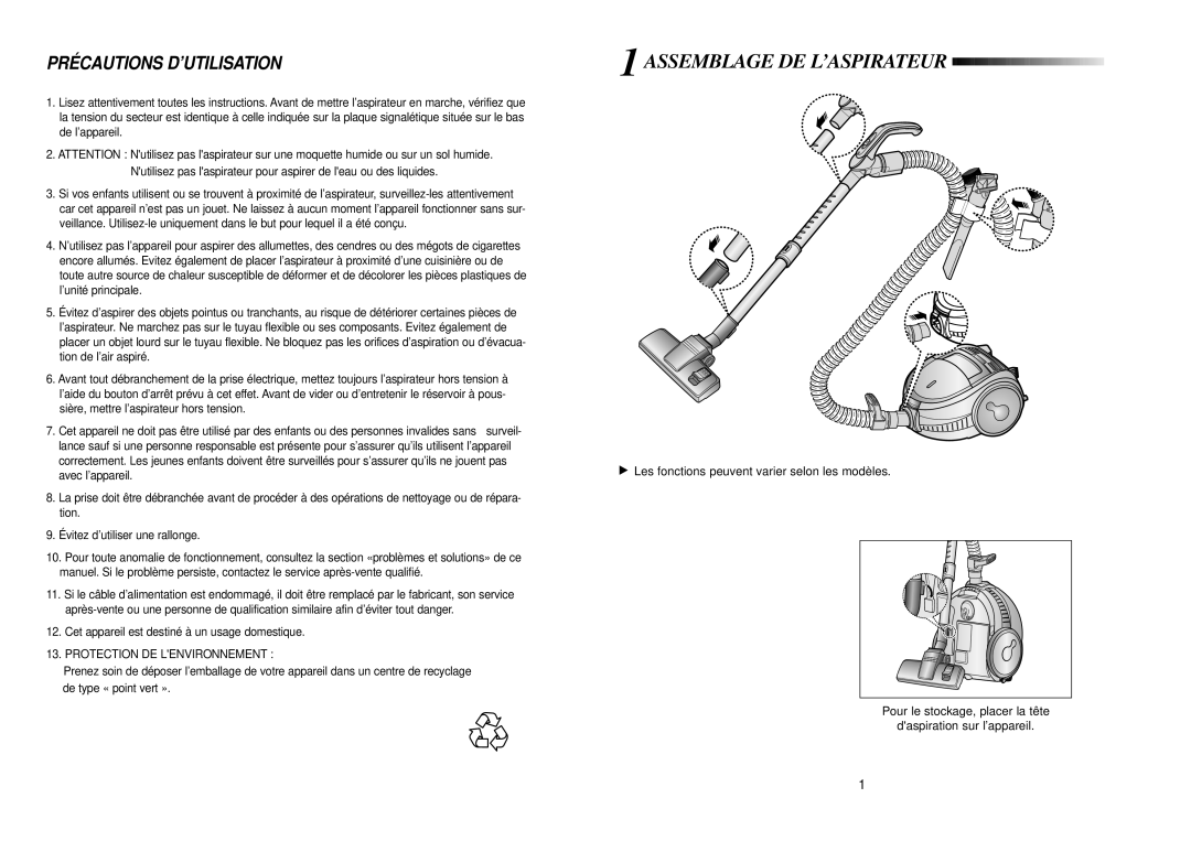 Samsung VCC7251H3B/XEF, VCC7250H3O/XEF manual Assemblage DE L’ASPIRATEUR, Précautions D’UTILISATION 