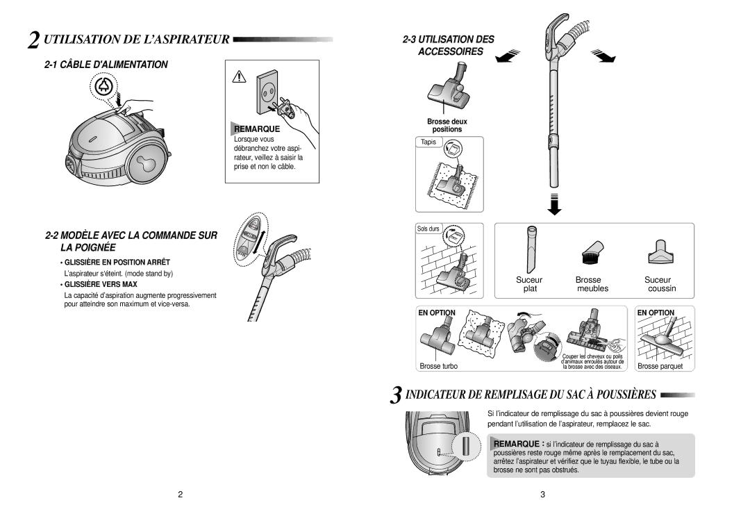 Samsung VCC7250H3O/XEF, VCC7251H3B/XEF manual Utilisation DE L’ASPIRATEUR, Brosse Suceur, Meubles 