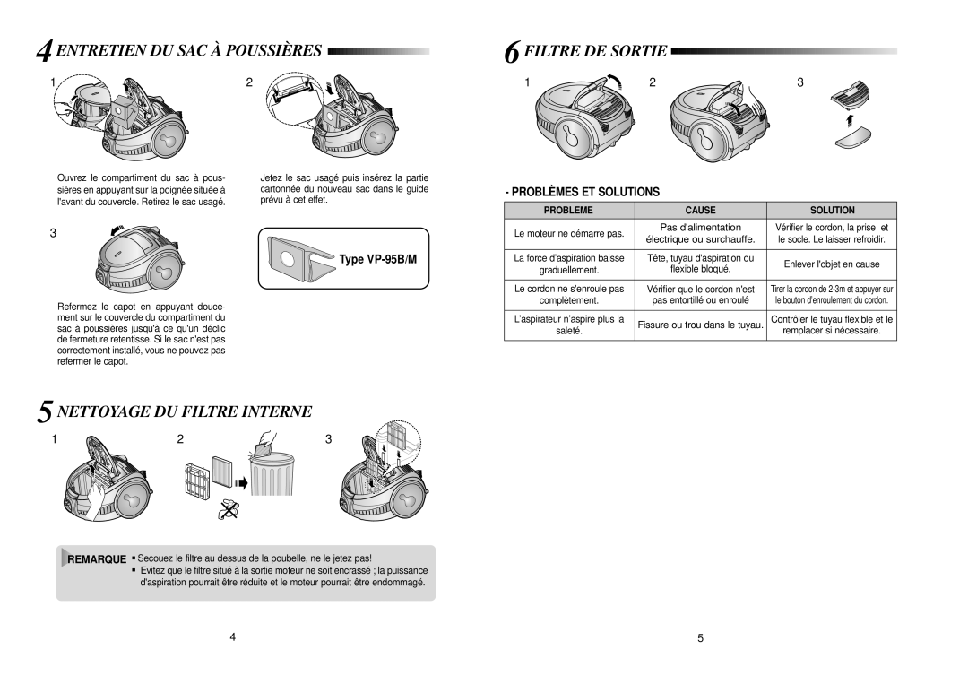 Samsung VCC7251H3B/XEF manual Entretien DU SAC À Poussières, Nettoyage DU Filtre Interne, Filtre DE Sortie, Type VP-95B/M 