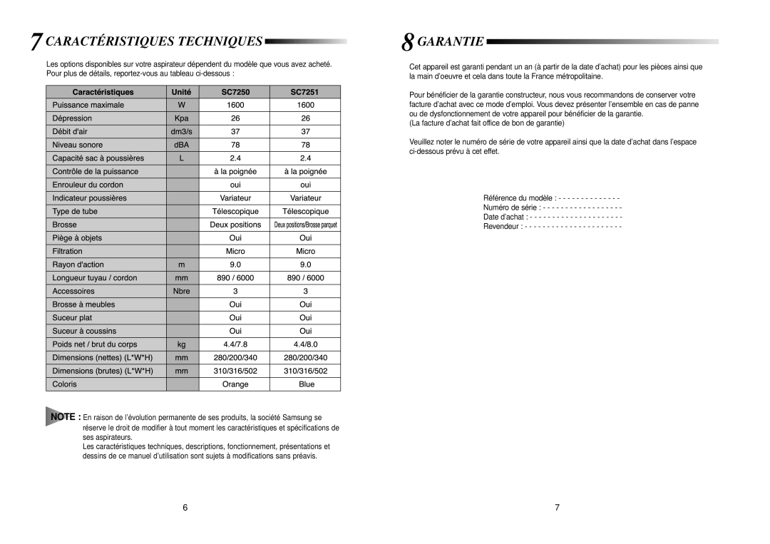 Samsung VCC7250H3O/XEF, VCC7251H3B/XEF manual Caractéristiques Techniques, Garantie 