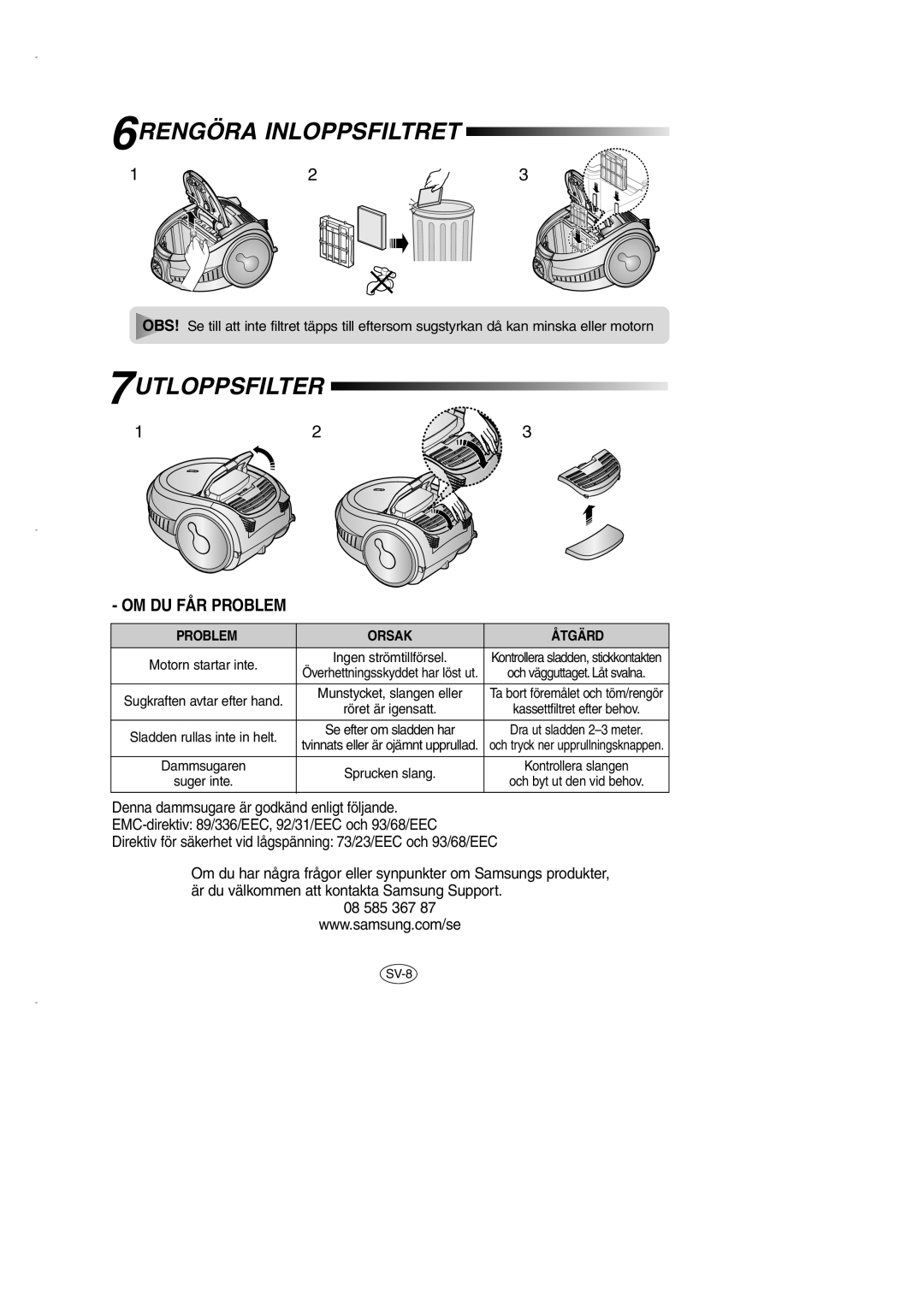 Samsung VCC7290H3R/XEE, VCC7290H3G/XEE, VCC7210H3O/XEE manual 7UTLOPPSFILTER, Problem Orsak Åtgärd 