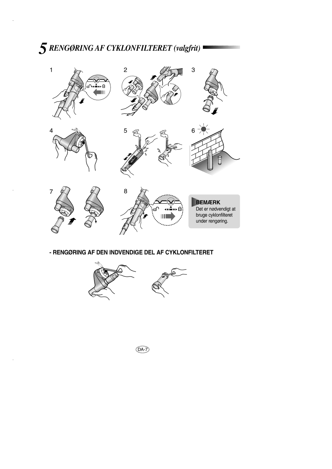 Samsung VCC7210H3O/XEE, VCC7290H3G/XEE, VCC7290H3R/XEE manual Rengøring AF Cyklonfilteret valgfrit, Bemærk 