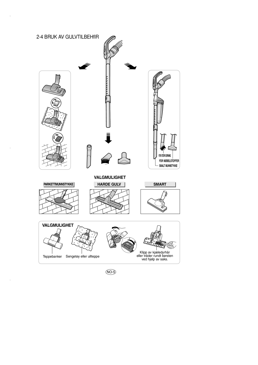 Samsung VCC7210H3O/XEE, VCC7290H3G/XEE, VCC7290H3R/XEE manual Bruk AV Gulvtilbehør, Valgmulighet, Harde Gulv 