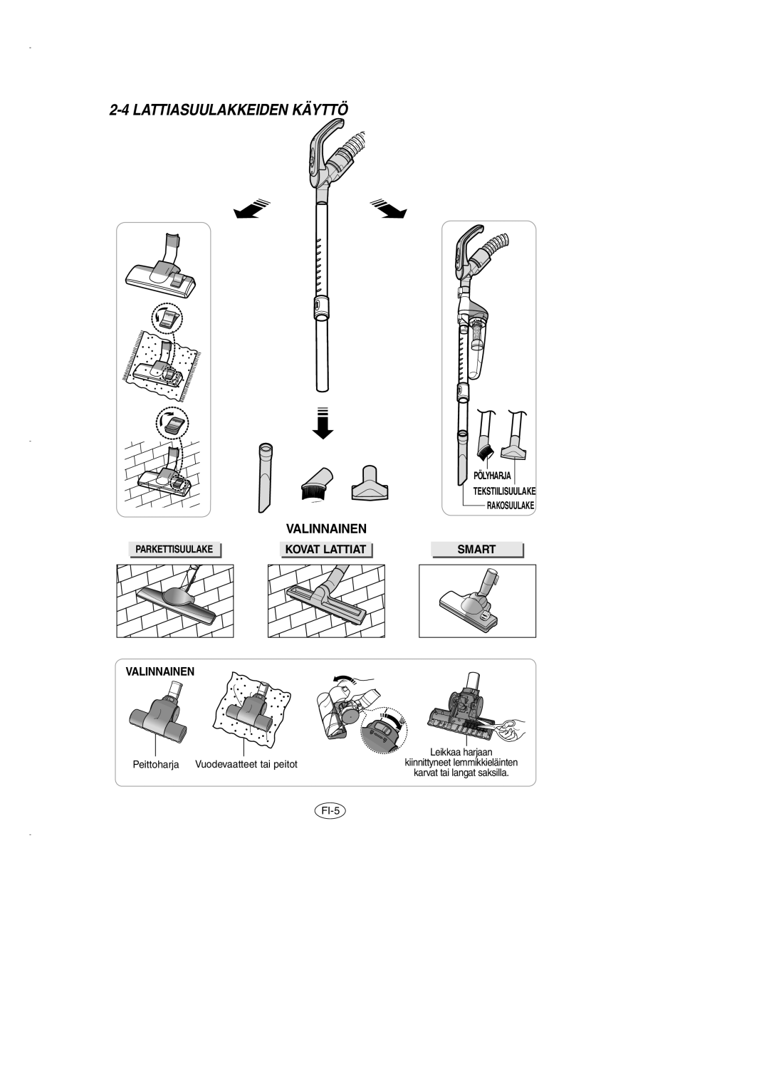 Samsung VCC7290H3R/XEE, VCC7290H3G/XEE, VCC7210H3O/XEE manual Lattiasuulakkeiden Käyttö, Valinnainen, Kovat Lattiat 