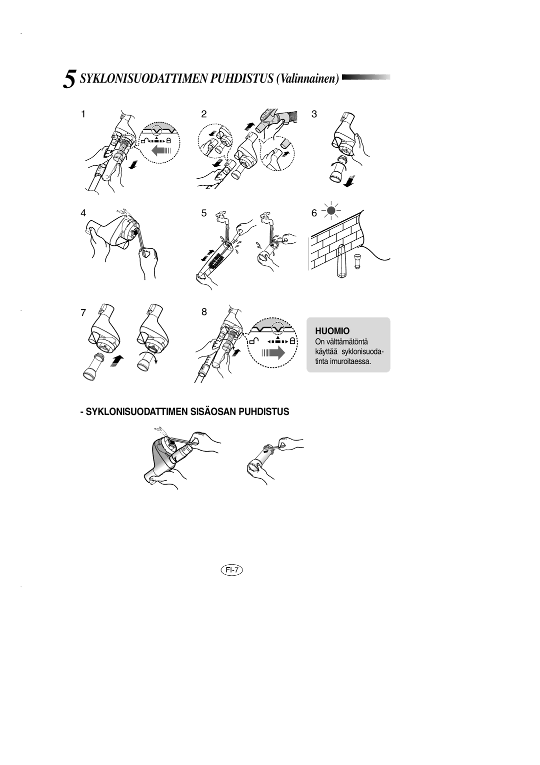 Samsung VCC7290H3G/XEE, VCC7290H3R/XEE, VCC7210H3O/XEE manual Syklonisuodattimen Puhdistus Valinnainen, Huomio 