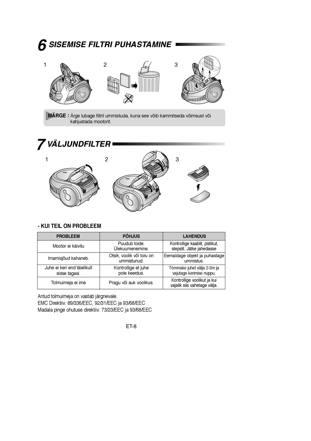 Samsung VCC7295H3O/SBW, VCC7294H3G/XSB, VCC7245H3G/SBW, VCC7215H3S/SBW manual Sisemise Filtri Puhastamine, Väljundfilter 