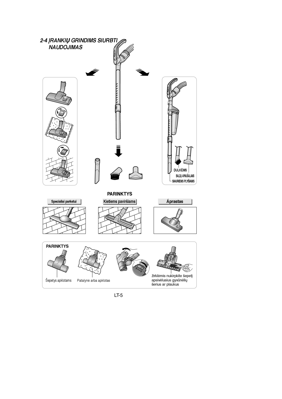 Samsung VCC7215H3S/SBW, VCC7294H3G/XSB, VCC7245H3G/SBW, VCC7294H3G/SBW manual Ørankið Grindims Siurbti Naudojimas, Parinktys 