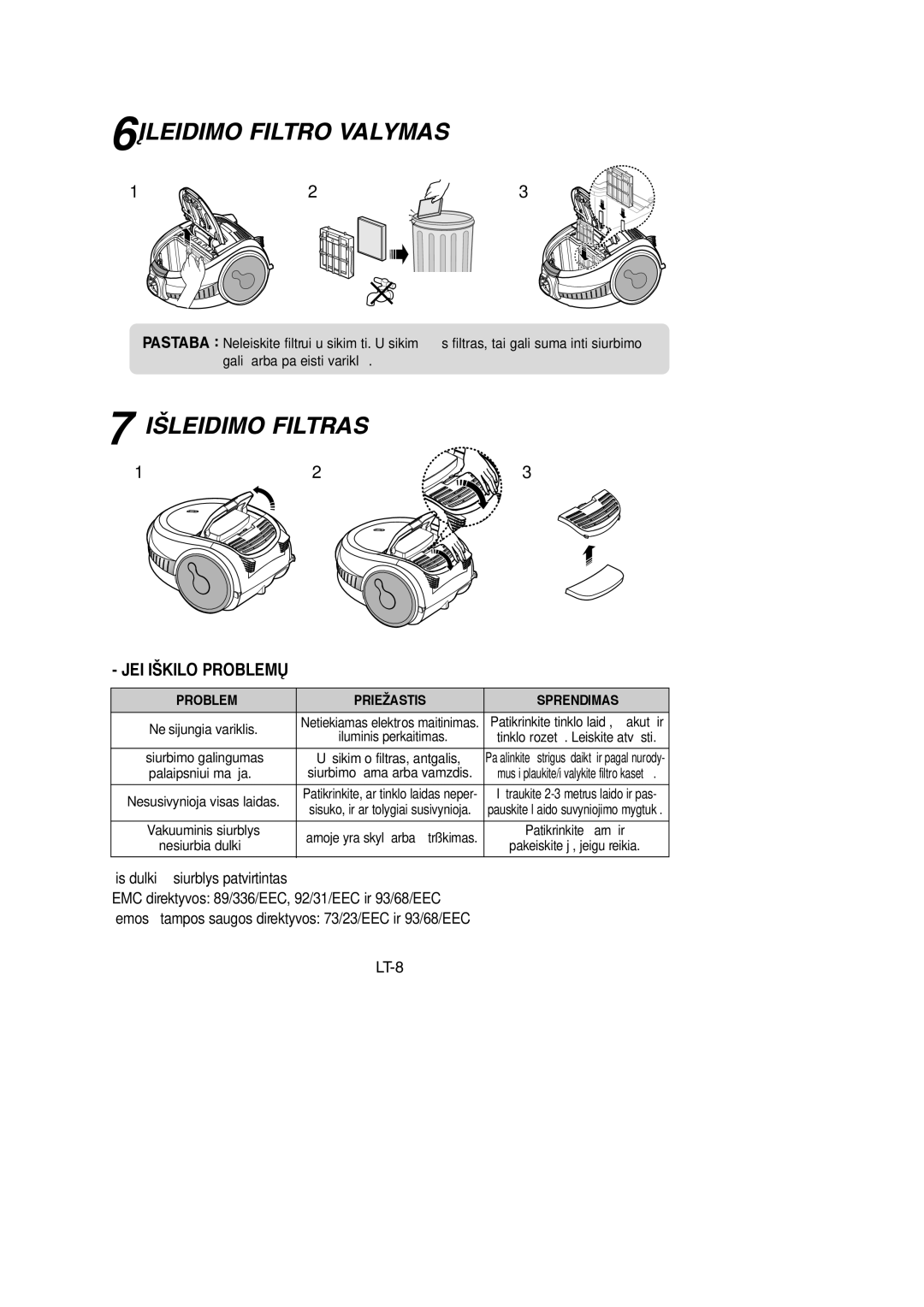 Samsung VCC7275H3O/SBW, VCC7294H3G/XSB, VCC7245H3G/SBW, VCC7215H3S/SBW manual 6ØLEIDIMO Filtro Valymas, Išleidimo Filtras 