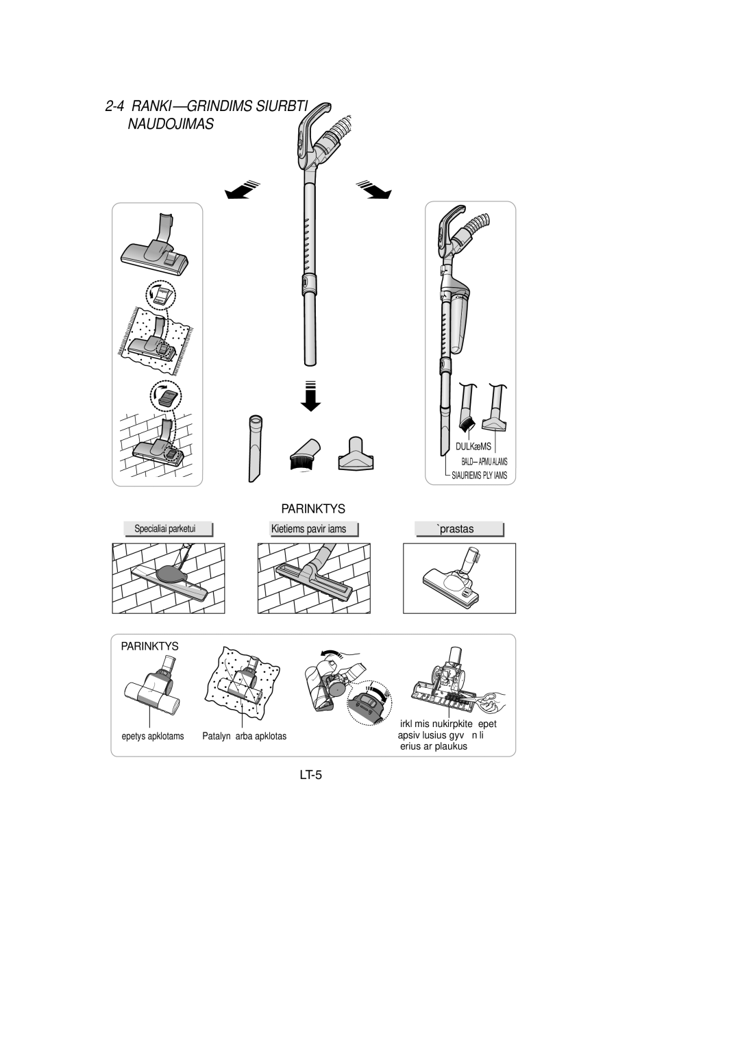 Samsung VCC7294H3G/SBW, VCC7294H3G/XSB, VCC7295H3O/XSB, VCC7295H3O/SBW manual Ørankið Grindims Siurbti Naudojimas, Parinktys 