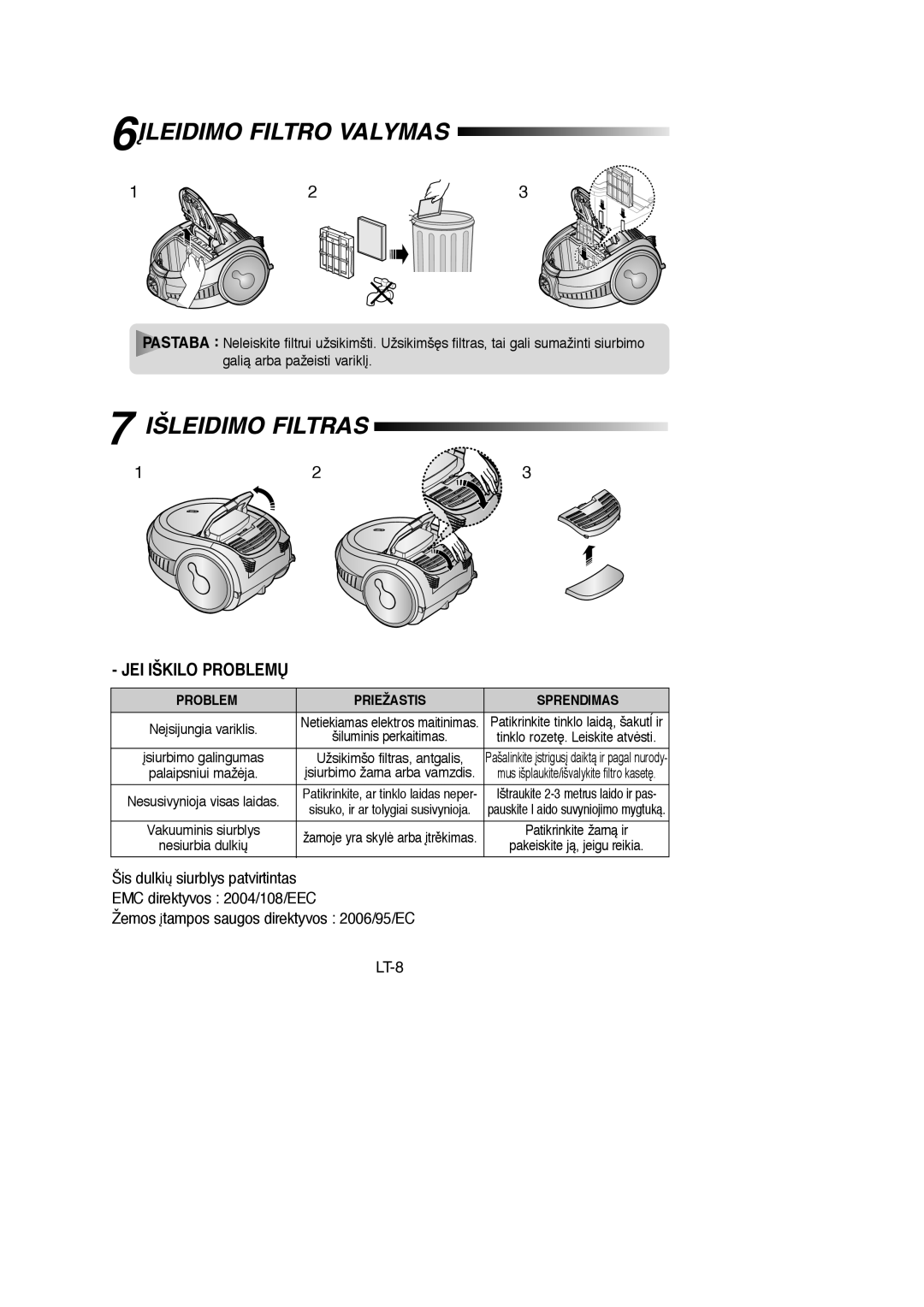 Samsung VCC7294H3G/XSB, VCC7294H3G/SBW, VCC7295H3O/XSB, VCC7295H3O/SBW manual 6ØLEIDIMO Filtro Valymas, Išleidimo Filtras 