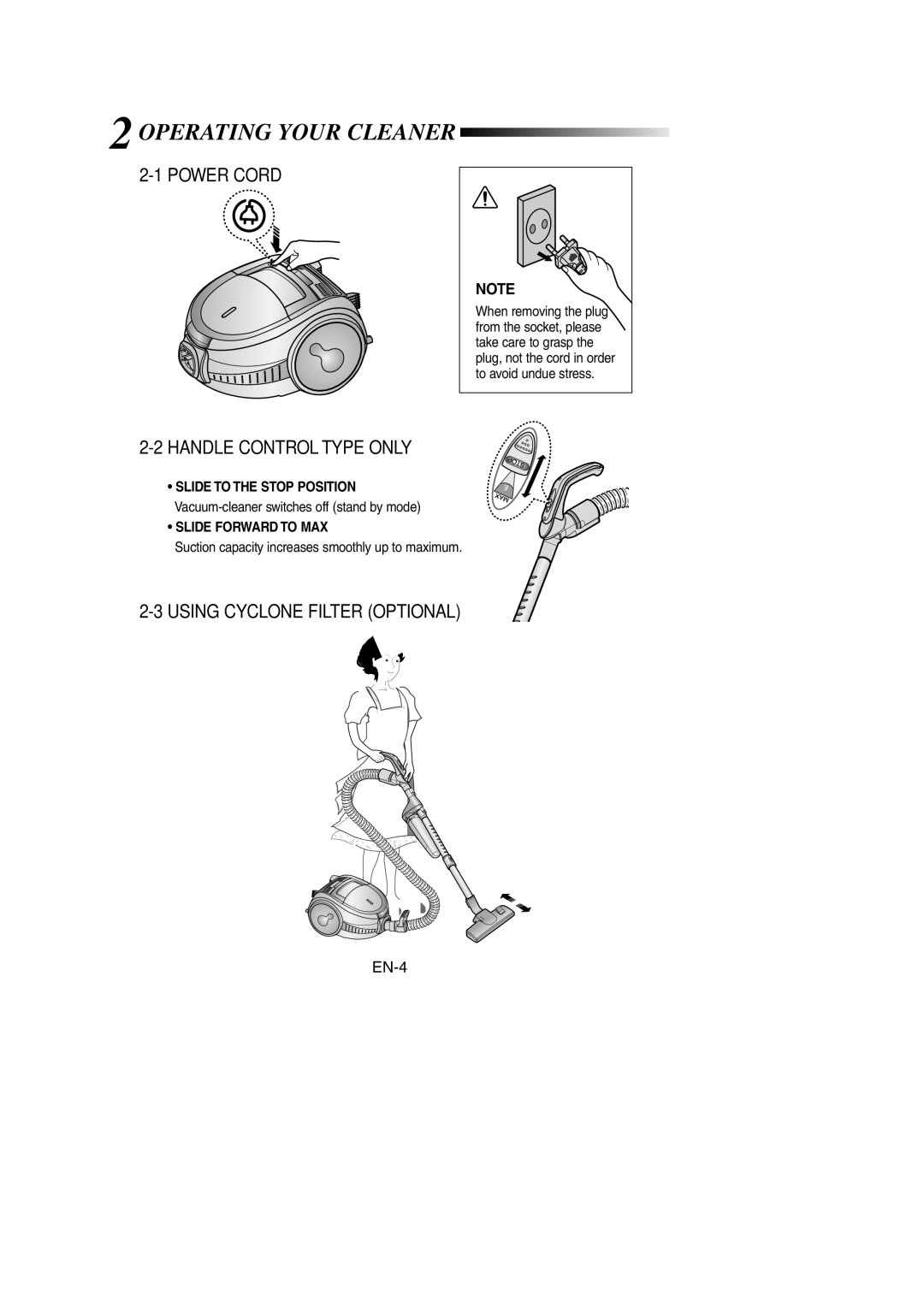 Samsung VCC7294H3G/XSB, VCC7294H3G/SBW, VCC7295H3O/XSB, VCC7295H3O/SBW manual Operating Your Cleaner 