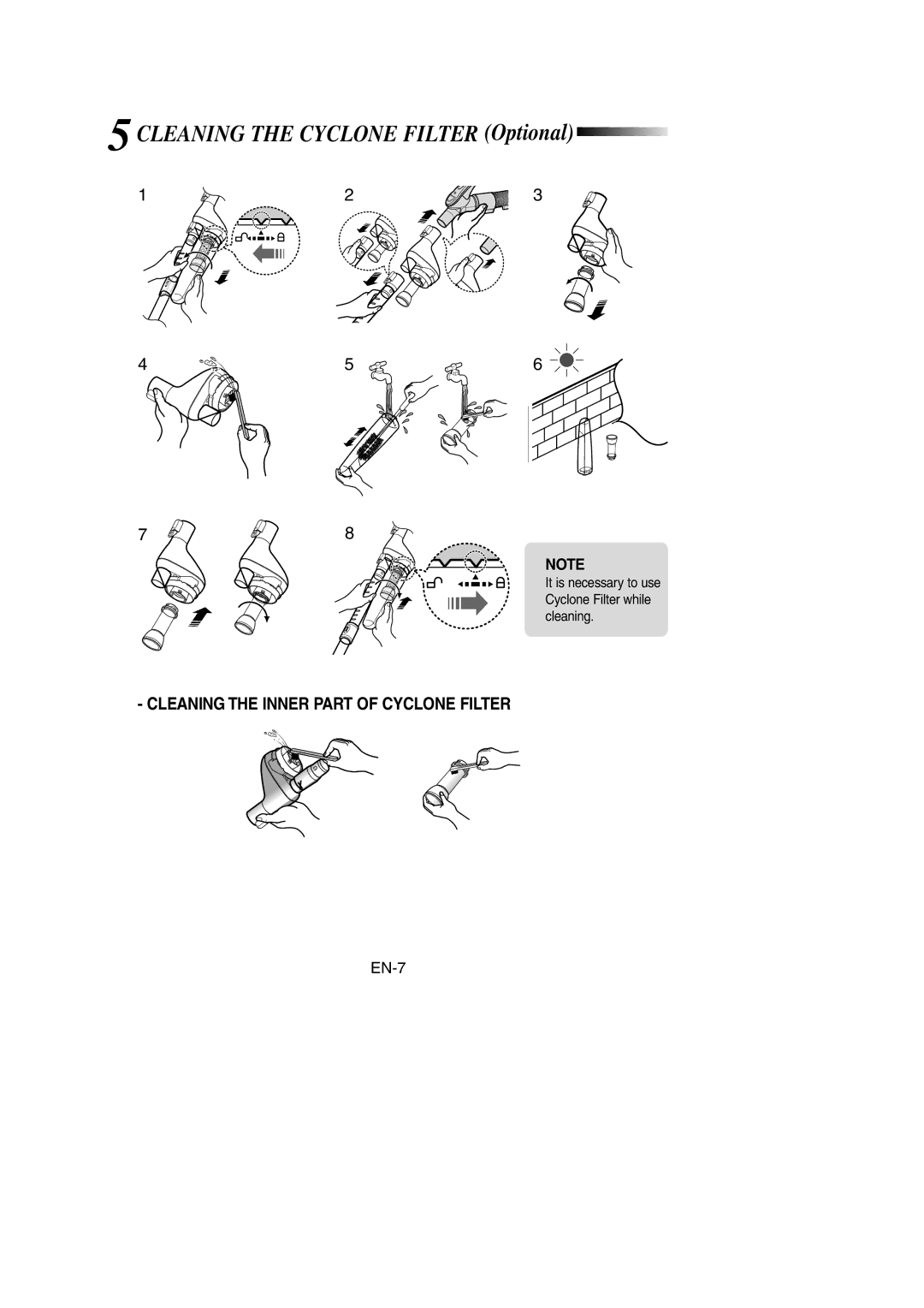 Samsung VCC7295H3O/SBW, VCC7294H3G/XSB, VCC7294H3G/SBW, VCC7295H3O/XSB manual Cleaning the Cyclone Filter Optional 