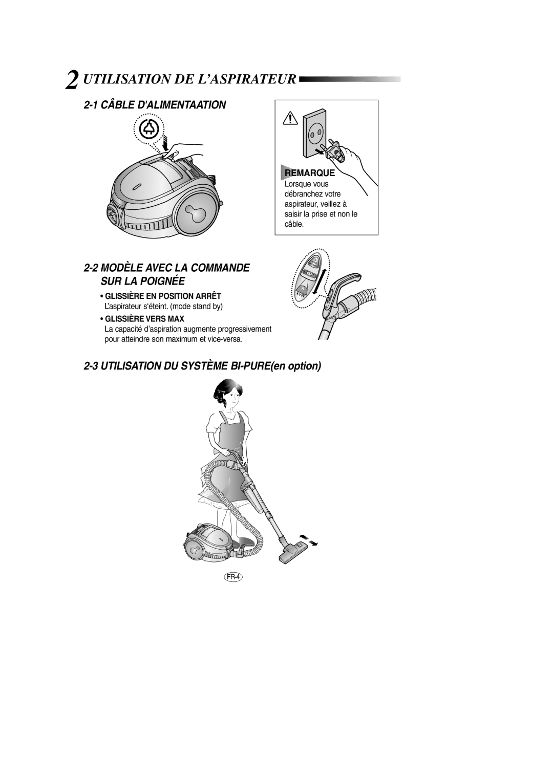 Samsung VCC7254H3O/XEG, VCC7294H3O/XEG manual Utilisation DE L’ASPIRATEUR, Câble Dalimentaation, Glissière Vers MAX 