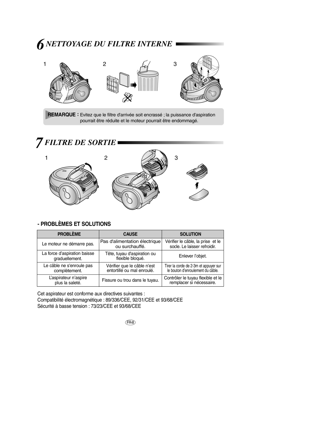 Samsung VCC7251H3S/XEG, VCC7294H3O/XEG manual Nettoyage DU Filtre Interne, Filtre DE Sortie, Problème Cause Solution 