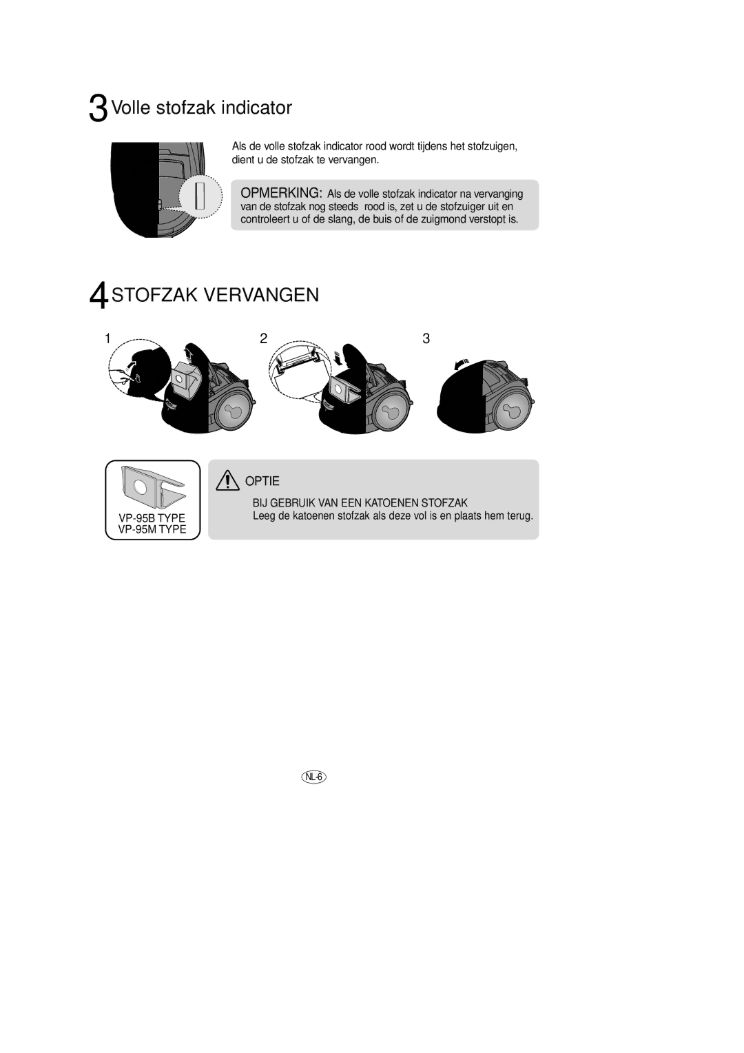 Samsung VCC7254H3O/XEG, VCC7294H3O/XEG, VCC7290H3O/XEG manual Volle stofzak indicator, Stofzak Vervangen, VP-95M Type 