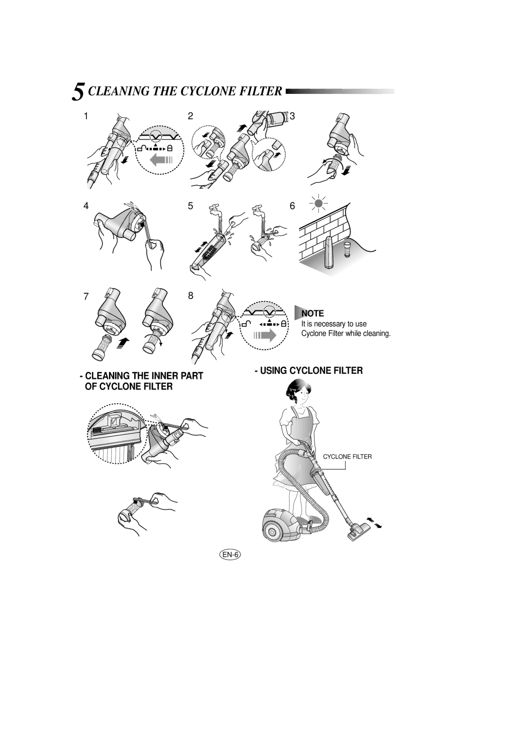 Samsung VCC7375H3R/SBW, VCC7365H3B/SBW, VCC7375H3R/XEV, VCC7355V3S/SBW, VCC7376H3O/SBW manual Cleaning the Cyclone Filter 