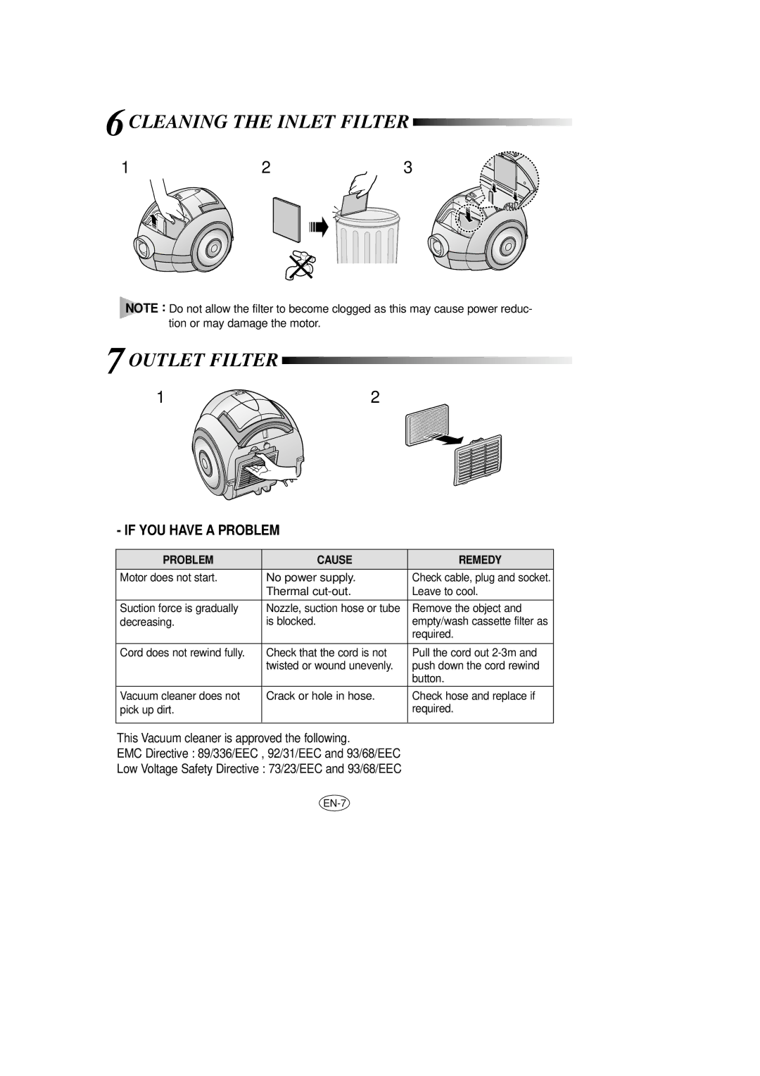 Samsung VCC7375H3R/XEV, VCC7365H3B/SBW, VCC7375H3R/SBW manual Cleaning the Inlet Filter Outlet Filter, If YOU have a Problem 