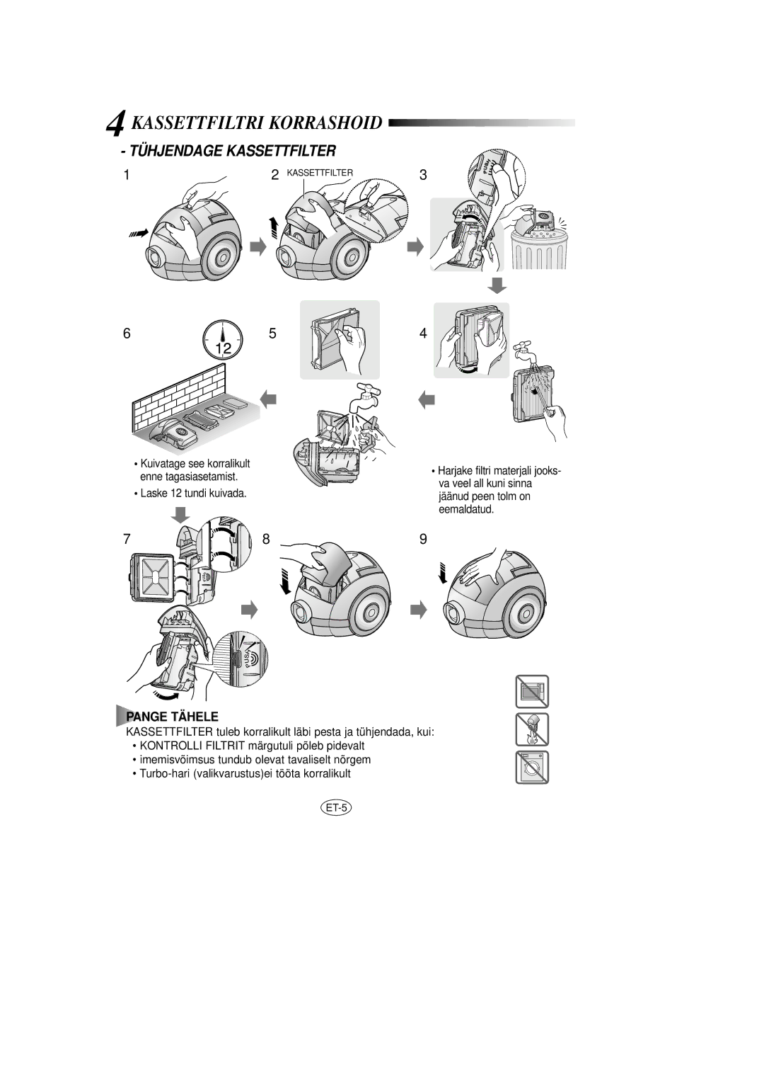 Samsung VCC7375H3R/SBW, VCC7365H3B/SBW, VCC7375H3R/XEV, VCC7355V3S/SBW Kassettfiltri Korrashoid, Tühjendage Kassettfilter 