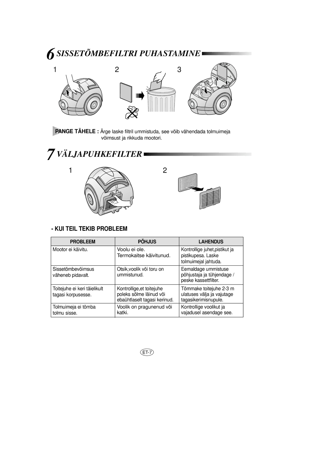 Samsung VCC7355V3S/SBW, VCC7365H3B/SBW, VCC7375H3R/SBW, VCC7375H3R/XEV, VCC7376H3O/SBW manual Sissetõmbefiltri Puhastamine 