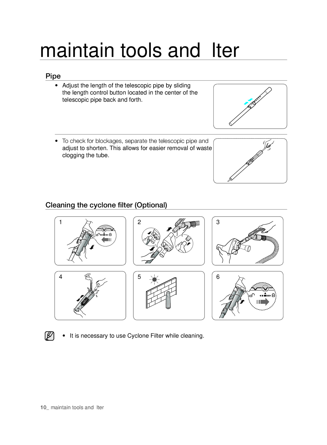 Samsung VCC7450V3R/HAC manual Pipe, Cleaning the cyclone filter Optional 