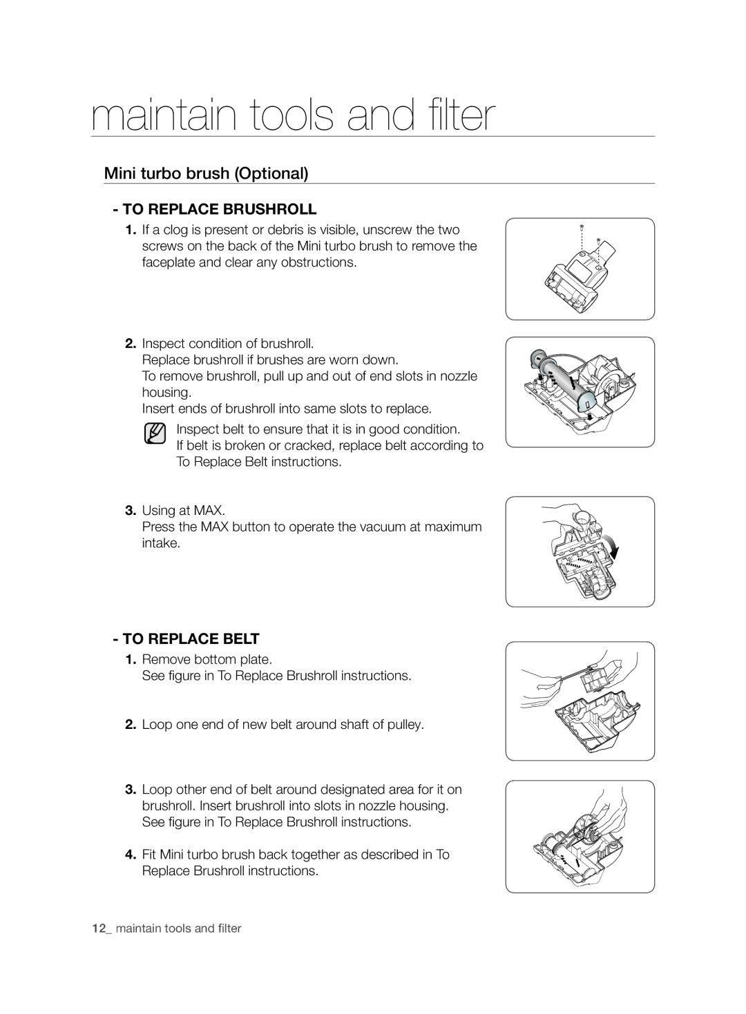 Samsung VCC7450V3R/HAC manual Mini turbo brush Optional, To RePLACe Brushroll, To RePLACe BeLT 