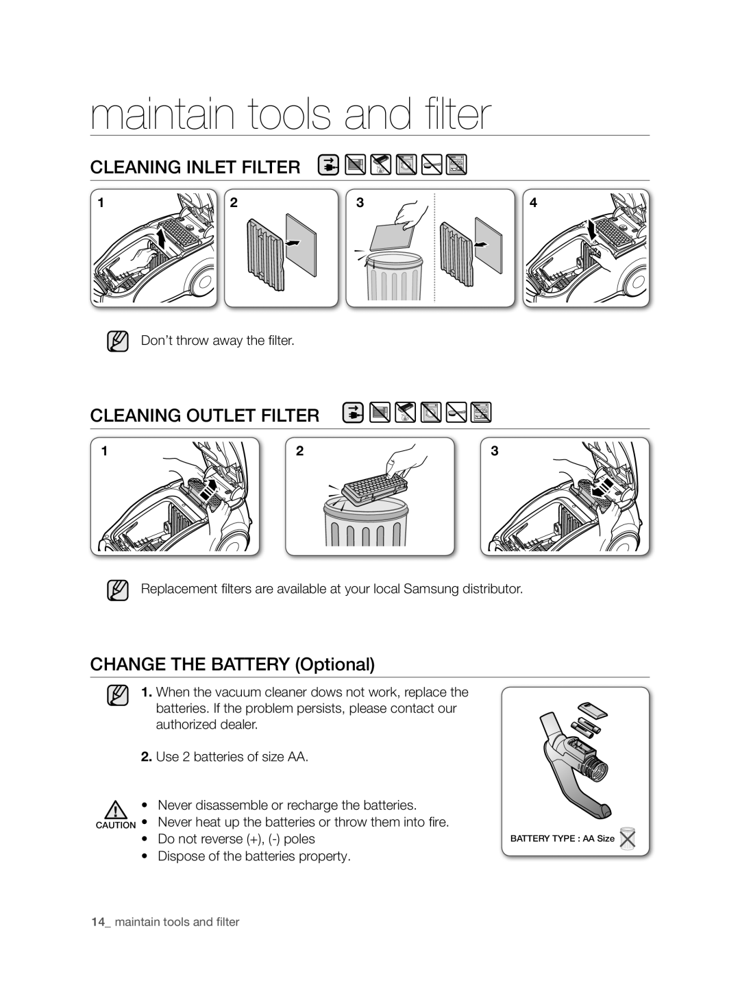 Samsung VCC7450V3R/HAC manual Cleaning inlet filter, Cleaning outlet filter, Change the battery Optional 