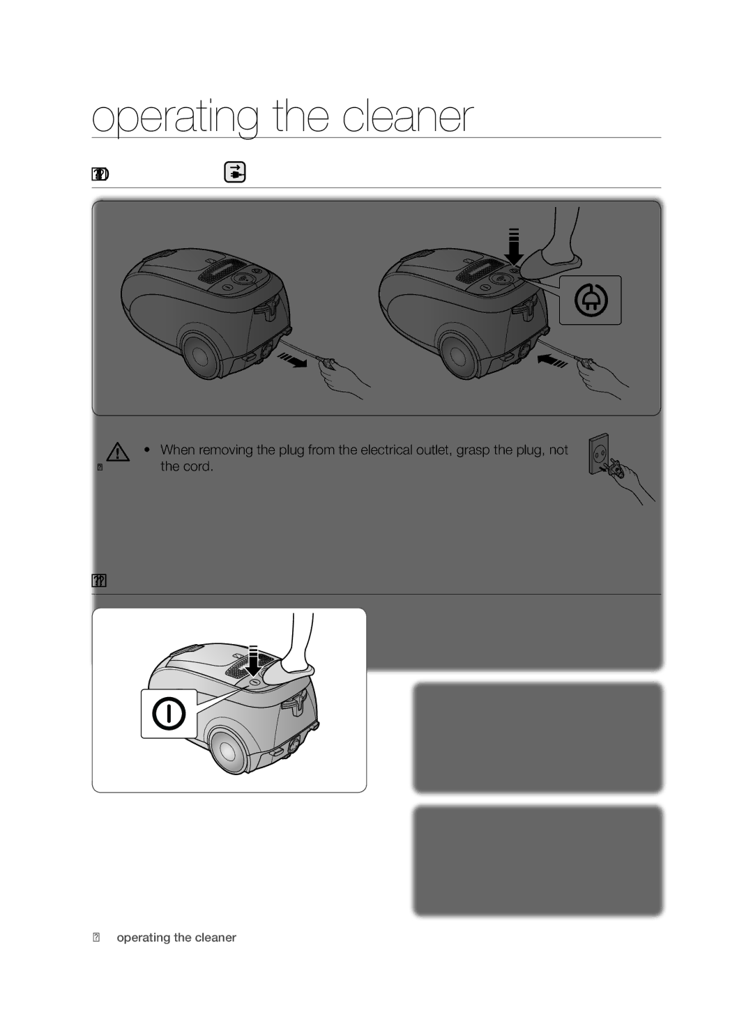 Samsung VCC7450V3R/HAC manual Operating the cleaner, Power cord, On/off switch 