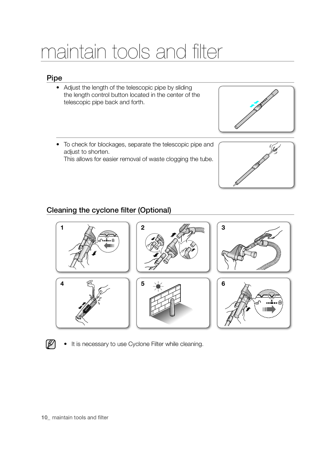 Samsung VCC7450V3R/UMG, VCC7450V4R/ATC, VCC7450V3R/XSG, VCC7490H3K/UMG manual Pipe, Cleaning the cyclone filter Optional 