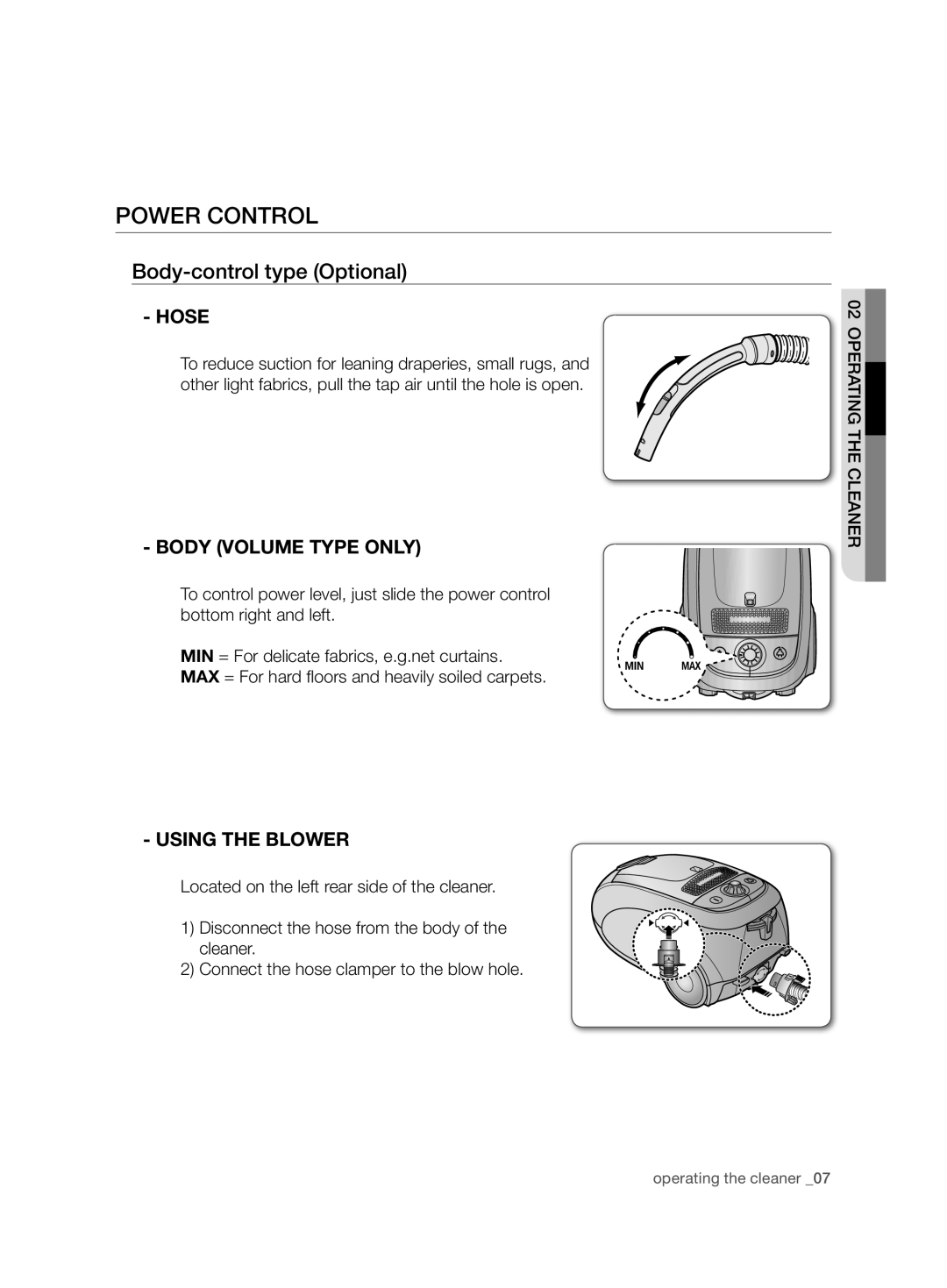 Samsung VCC7490H3K/UMG manual Power control, Body-control type Optional, Hose, BOdY VOlUme TYpe ONlY, UsING The blOWeR 