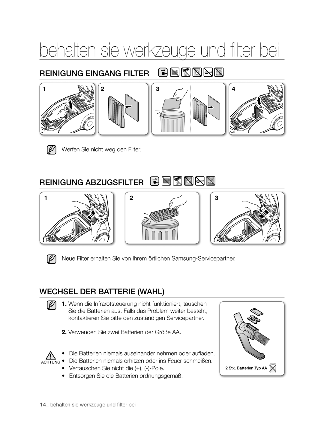 Samsung VCC7480V3R/XEH, VCC7480V3R/XEG manual Reinigung Eingang Filter, Reinigung Abzugsfilter, Wechsel DER Batterie Wahl 