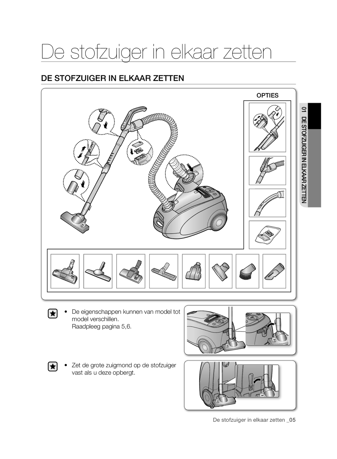 Samsung VCC7480V3R/XEG, VCC7480V3R/XEH manual De stofzuiger in elkaar zetten, Opties 