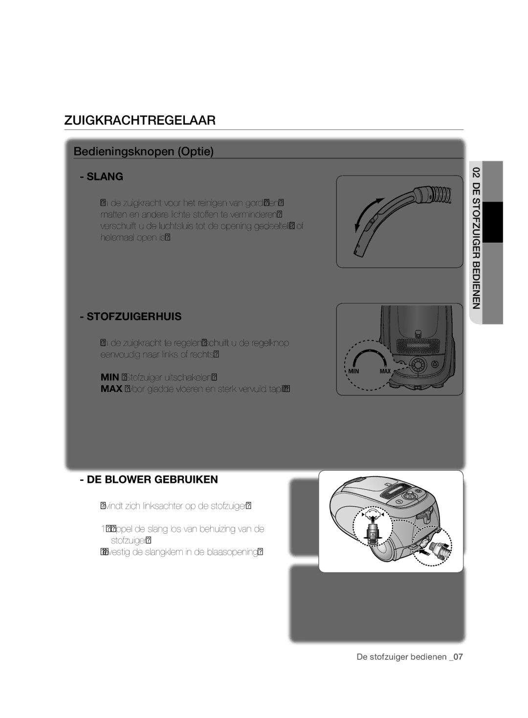 Samsung VCC7480V3R/XEG, VCC7480V3R/XEH manual Zuigkrachtregelaar, Bedieningsknopen Optie, DE Blower Gebruiken 