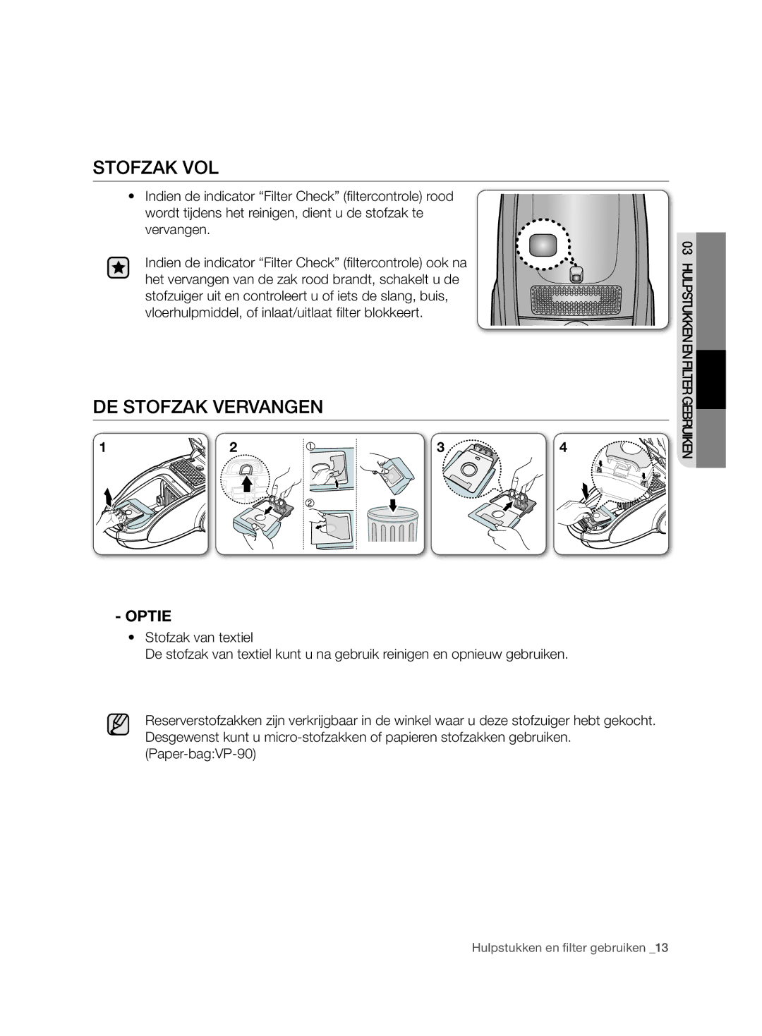 Samsung VCC7480V3R/XEG, VCC7480V3R/XEH manual SToFZAK VoL, DE SToFZAK Vervangen 