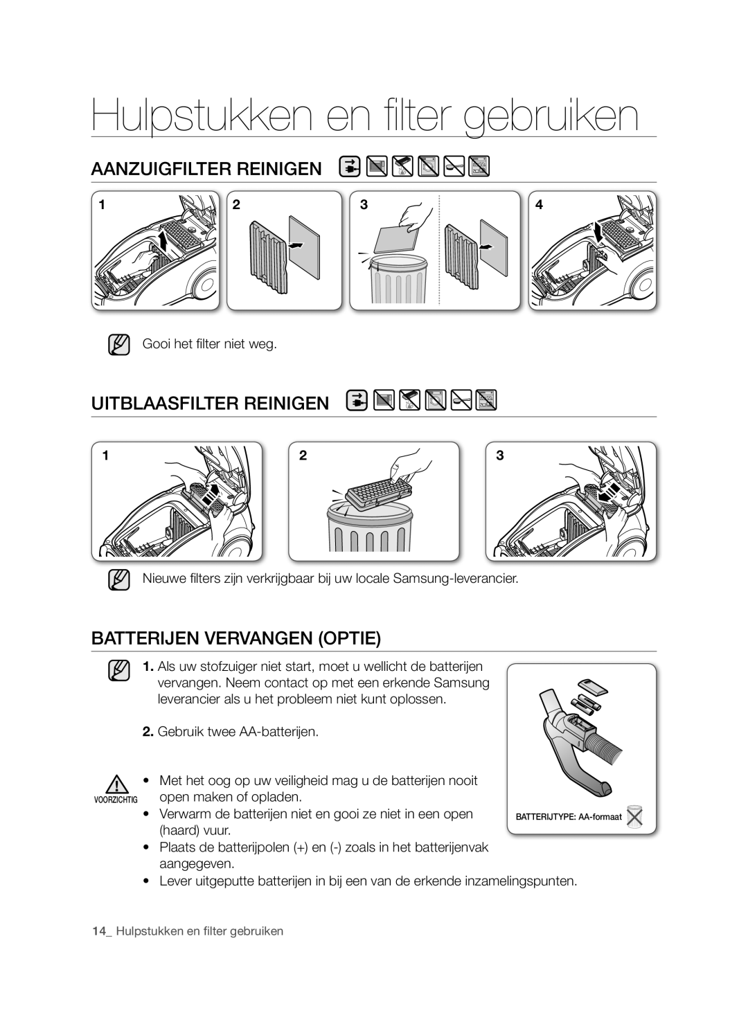 Samsung VCC7480V3R/XEH, VCC7480V3R/XEG manual Aanzuigfilter Reinigen, Uitblaasfilter Reinigen, Batterijen Vervangen Optie 